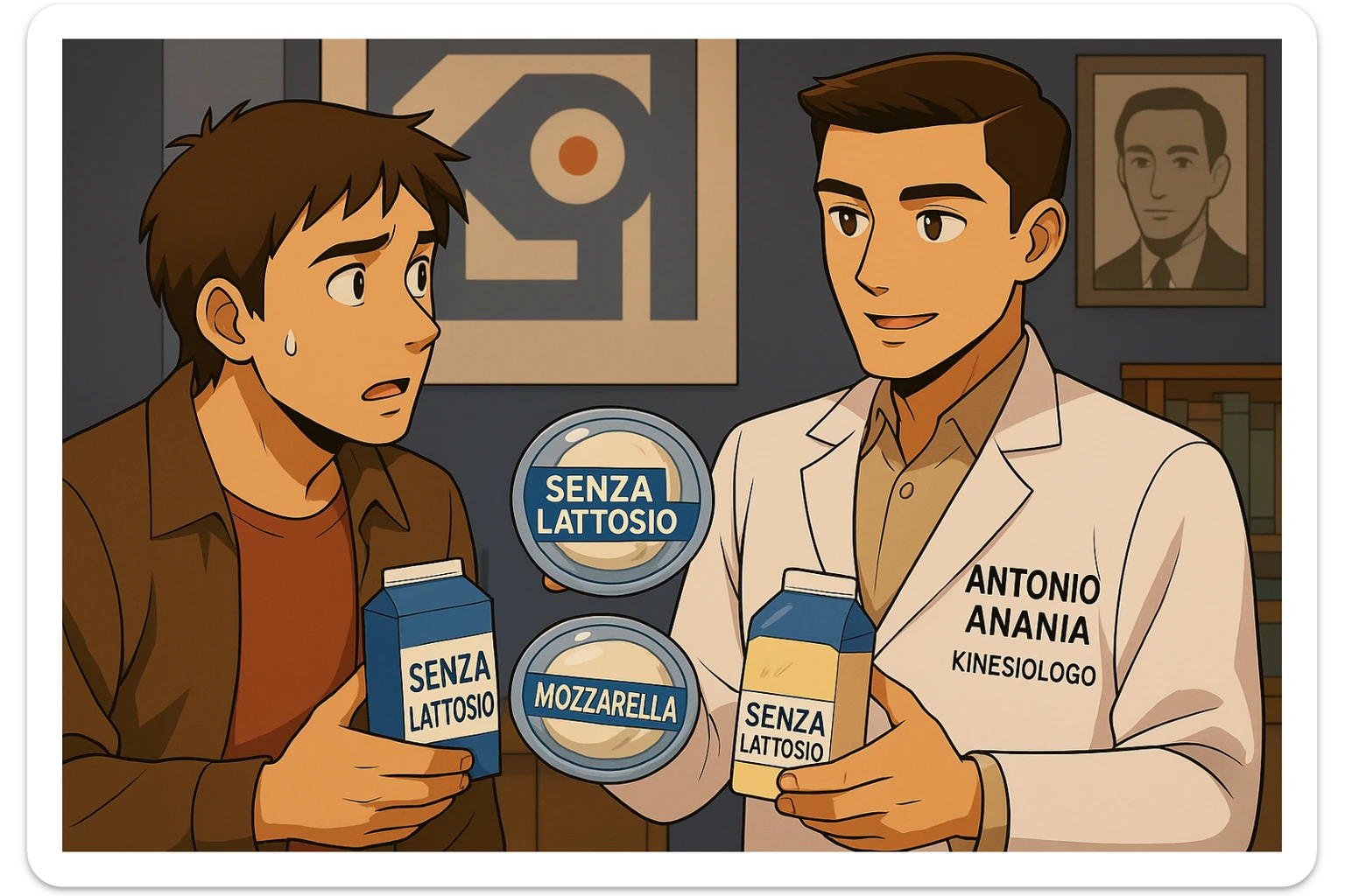 fai un webtoon manga a colori con questo stile, in cui un uomo ASCOLTA Il kinesiologo con il camice bianco (fagli anche la scritta "ANTONIO ANANIA" SUL CAMICE, IL KINESIOLOGO SPIEGA ALL'UOMO UNA MOSTRANDO VARI PRODOTTI DA SUPERMERCATO CONFEZIONATI (TIPO SCATOLA DI LATTE, MOZZARELLE CONFEZIONATE, FORMAGGIO CONFEZIONATO), OGNI CONFEZIONE HA LA SCRITTA "SENZA LATTOSIO SULL'ETICHETTA. L'UOMO OSSERVA IL KINESIOLOGO CON ESPRESSIONE CONFUSA IN VOLTO. non fare i fumetti però, fai solo in modo che sembri stiano parlando sticker