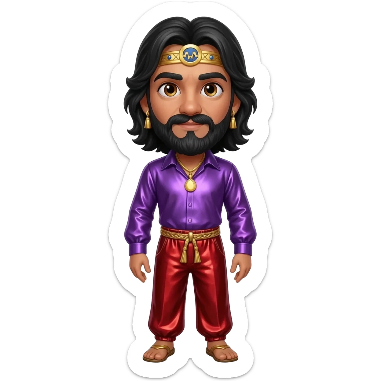 King Solomon with hazel eyes, long black hair, royal purple metallic shirt, red metallic baggy pants, gold necklace and earrings sticker