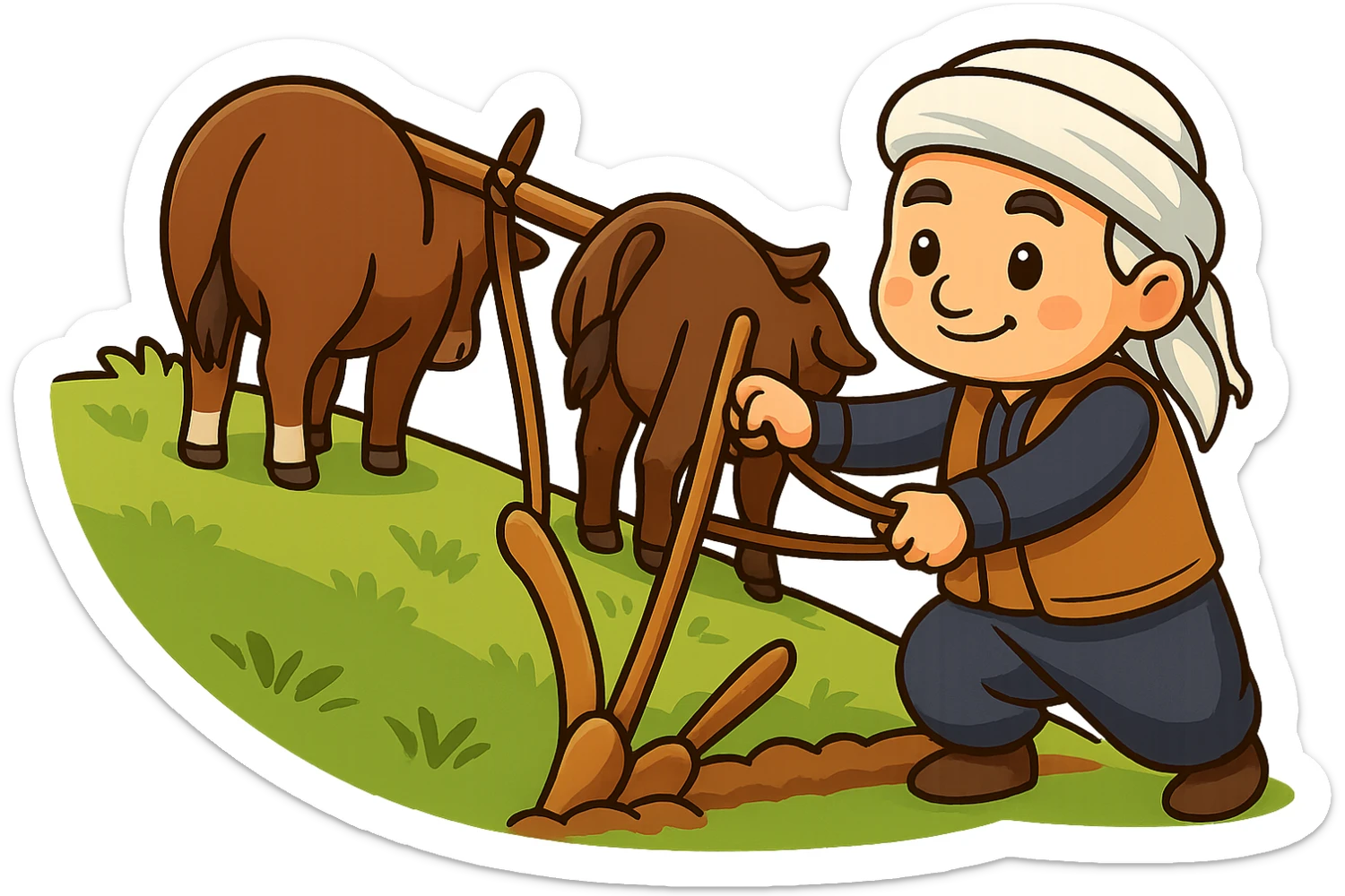 Edit the chibi cartoon sticker to match the exact arrangement of the yoke and traditional plow (نیر و ئامور) between the two cows, just like the new reference image. The farmer should be holding the plow, and the cows should be positioned as in the reference, on a green hillside, in a cheerful and colorful style with a transparent background. sticker