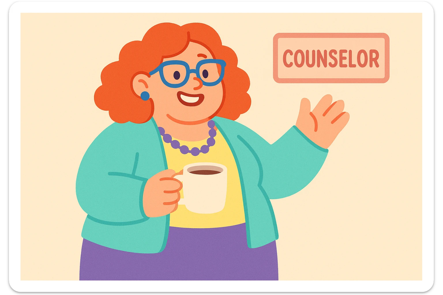 fun high school female counselor, curly red shoulder-length hair, blue glasses, overweight, smiling, approachable, holding a coffee mug sticker