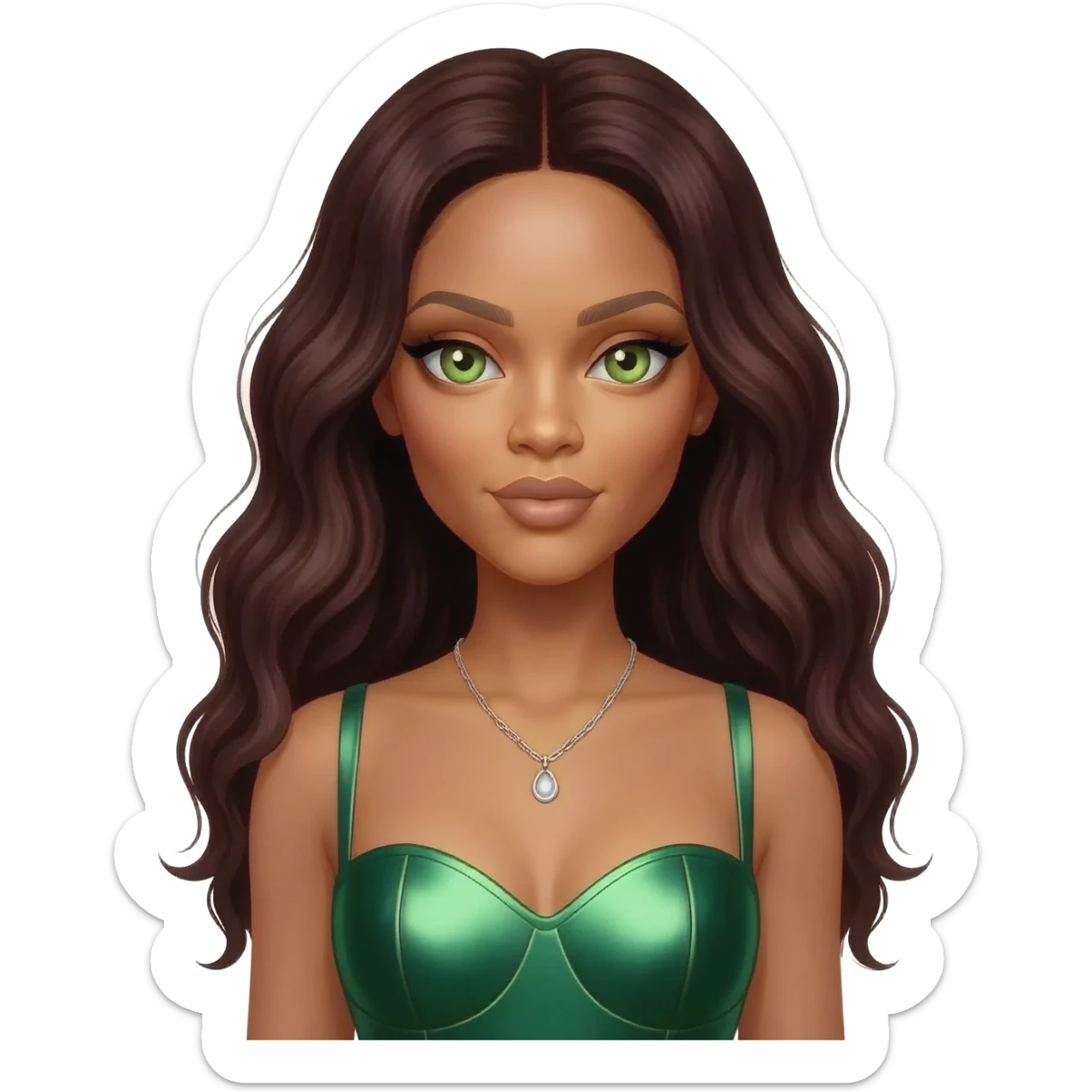 Rihanna with hazel-green eyes, long dark auburn hair, green metallic sweetheart dress, silver necklace sticker
