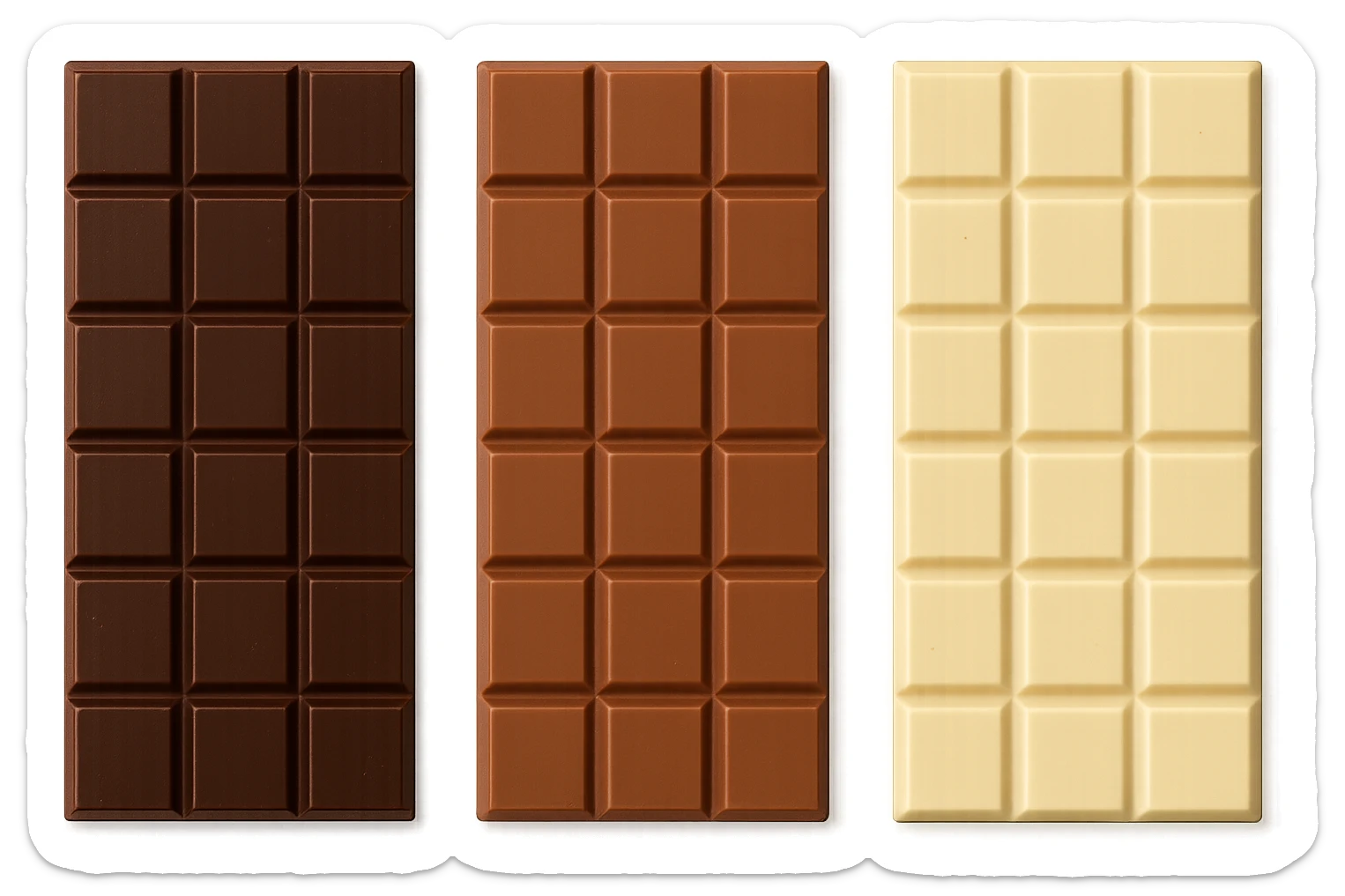 3 BARRETTE DI CIOCCOLATO, UNA FONDENTE, UNA AL LATTE E UNA BIANCA, VISTE DALL'ALTO, IPERREALISTICO 4K sticker