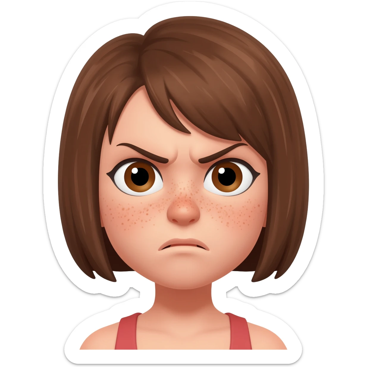 a girl with short hair, with freckles on her face. She has brown eyes. She's angry. sticker