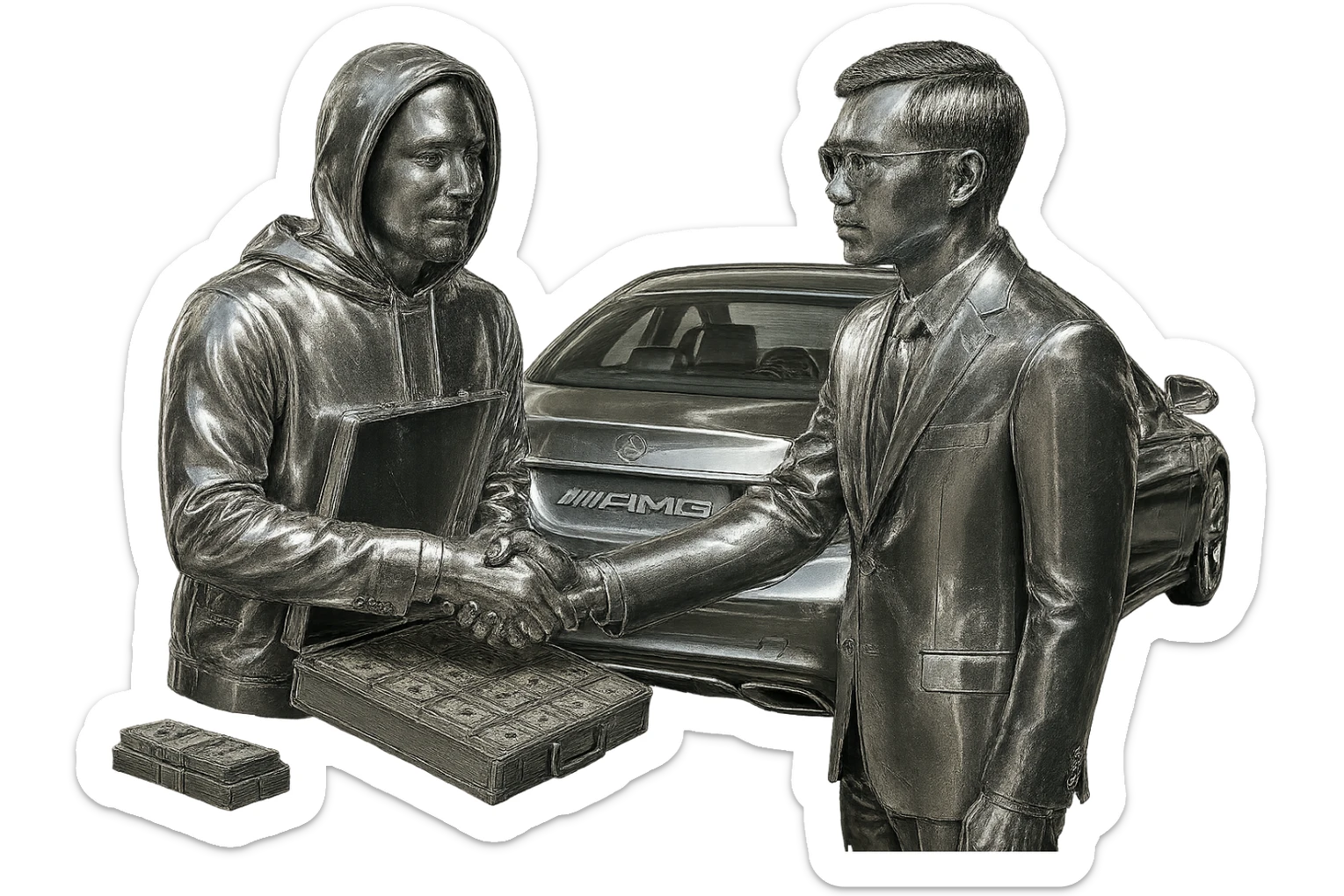 Edit the Indian man to wear a hoodie with a chrome hood, keep his goatee, add money on the side, and make the AMG car chrome. Keep the background transparent. sticker