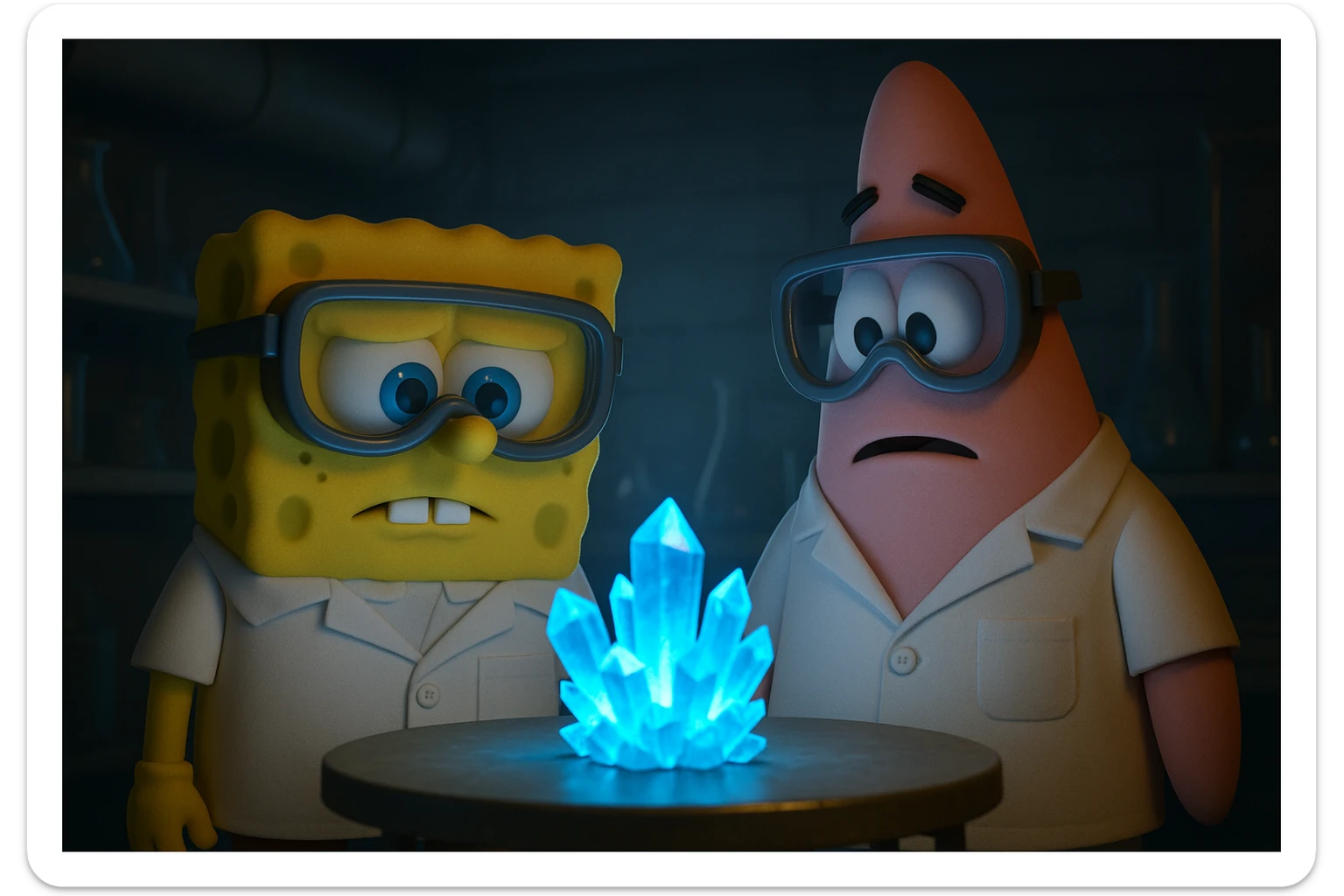 3D cienmatic cartoon shot, spongebob and patric dress in safety glasses and safe white outfit, the are standing front of table with blue crystals on table glowing (light source) science room in basement, back light, Cinema 4d render, proffesional lightning sticker