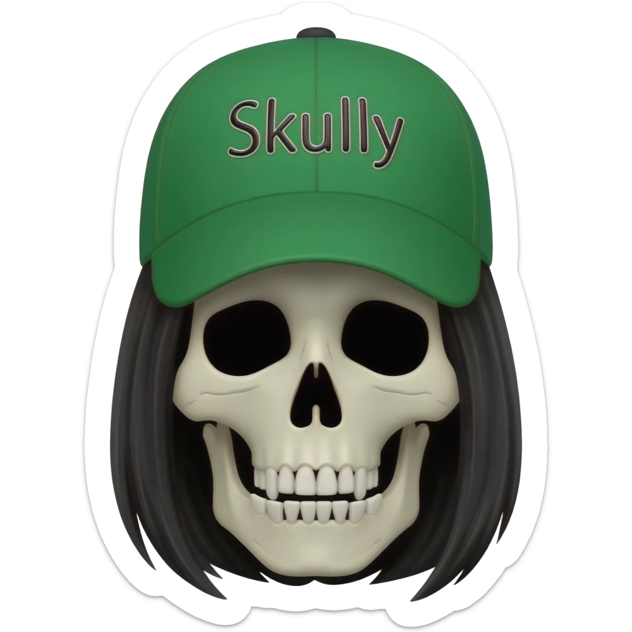 Create a woman skeleton head with black hair wearing a baseball cap that says "Skully" in green sticker