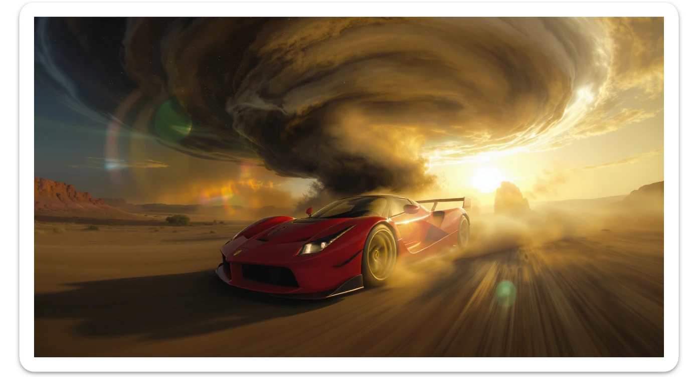 Cinematic still of a ferrari f40 around tornado od arizona desert, sun flare, big earth in background, captured by gopro hero with effect fisheye sticker