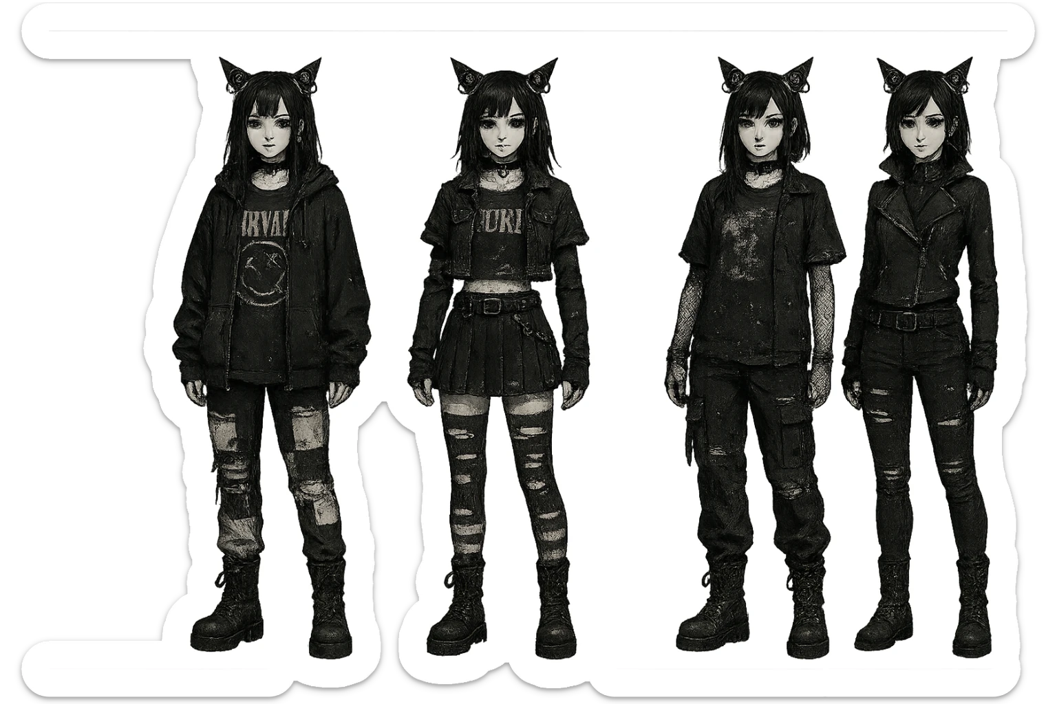 outfit designs for a VTUBER OC. The style is mixed 90's grunge, punk, lots of black and white in the color scheme, futuristic aesthetic. Clothing has small rips and tears from wear, logos and designs are faded. Garage, Shoegaze, postmodern style. character design concept art outfits for a female sticker