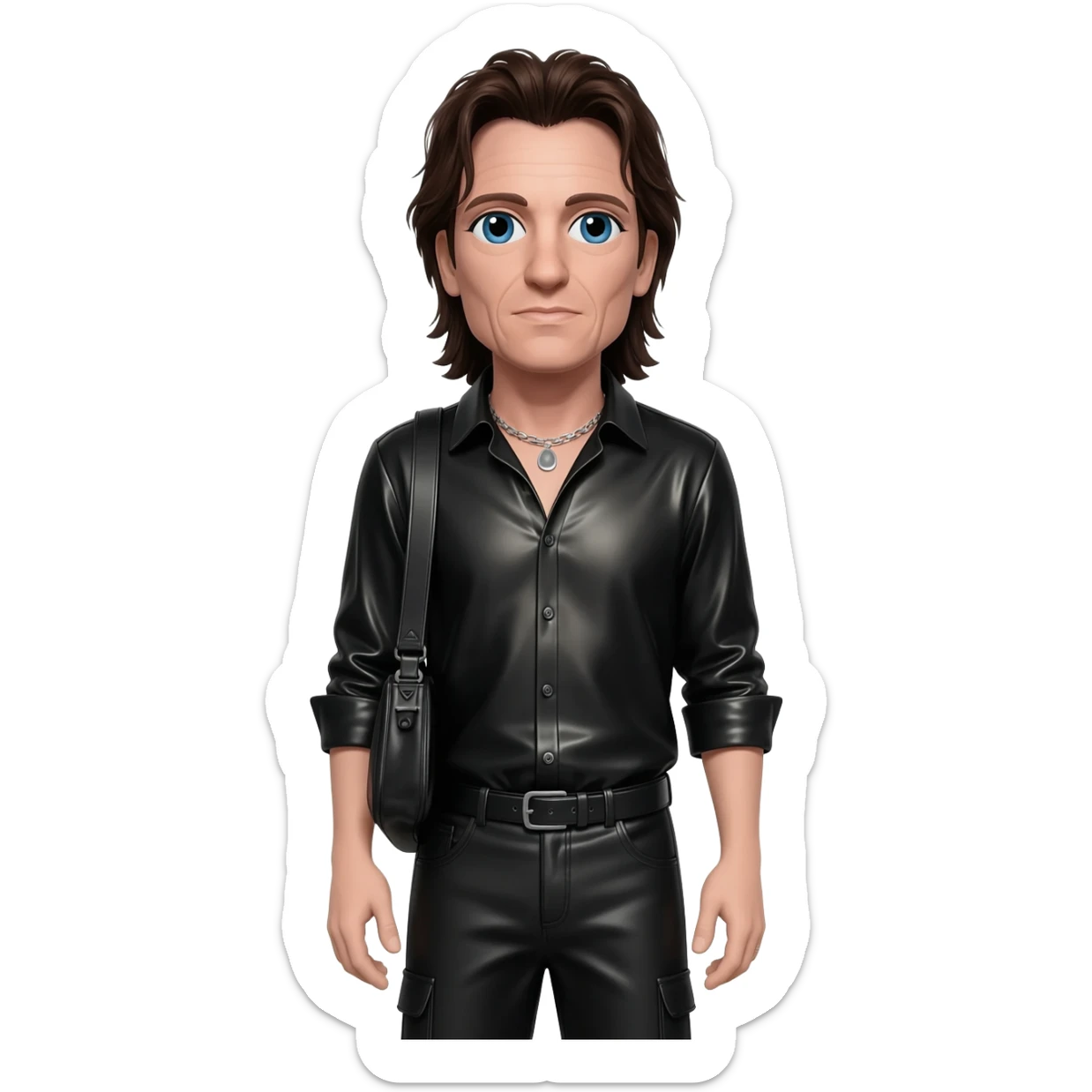 Bono with blue eyes, long dark brown hair, black metallic shirt, black metallic baggy pants, silver necklace sticker