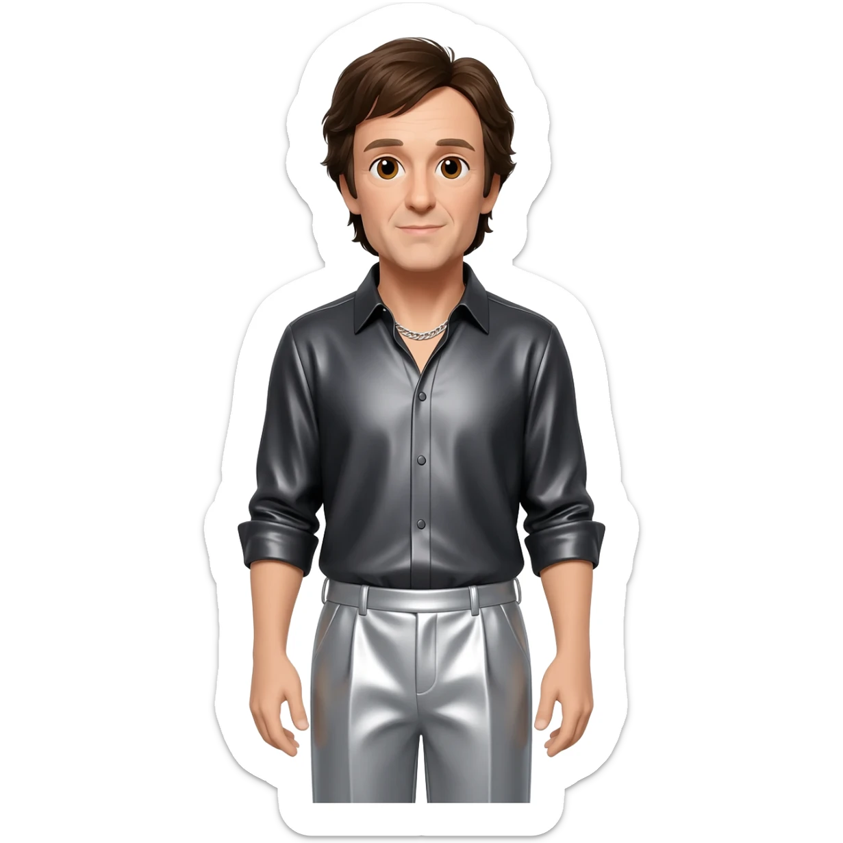 Paul McCartney with brown eyes, dark brown hair, dark gray metallic shirt, light gray metallic baggy pants, silver necklace sticker