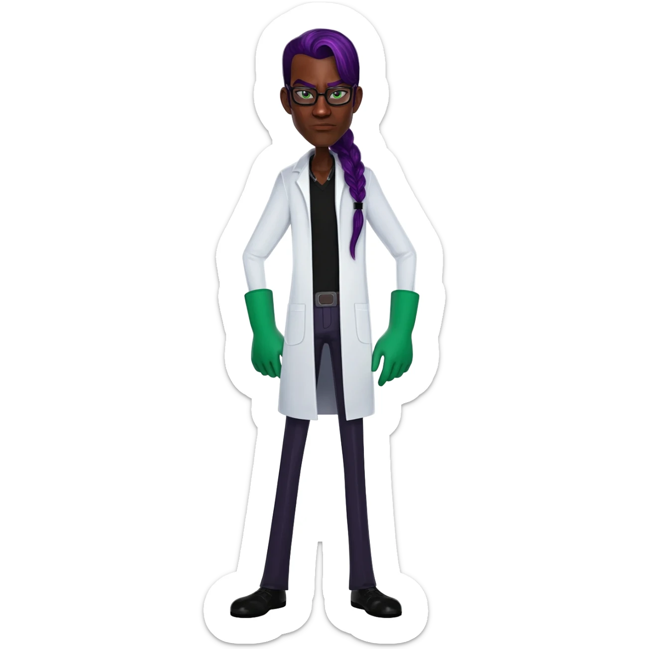Mad evil scientist black male white cost green gloves glasses purple hair side bold on top very skinny very tall full sticker