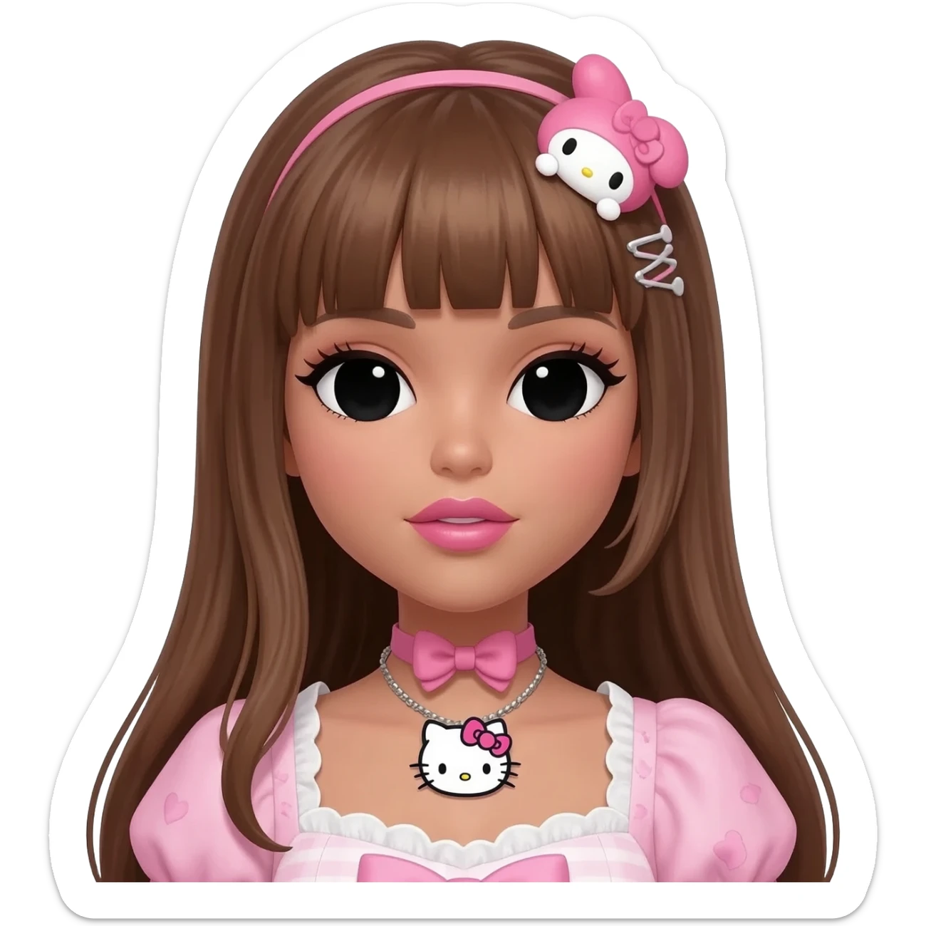 my melody hairclip, Doll faced shaped, hello kitty necklace, bimbo, black doll eyes, Big lips barbie, long dark brown skin with honey brown hair, bimbocore outfit sticker