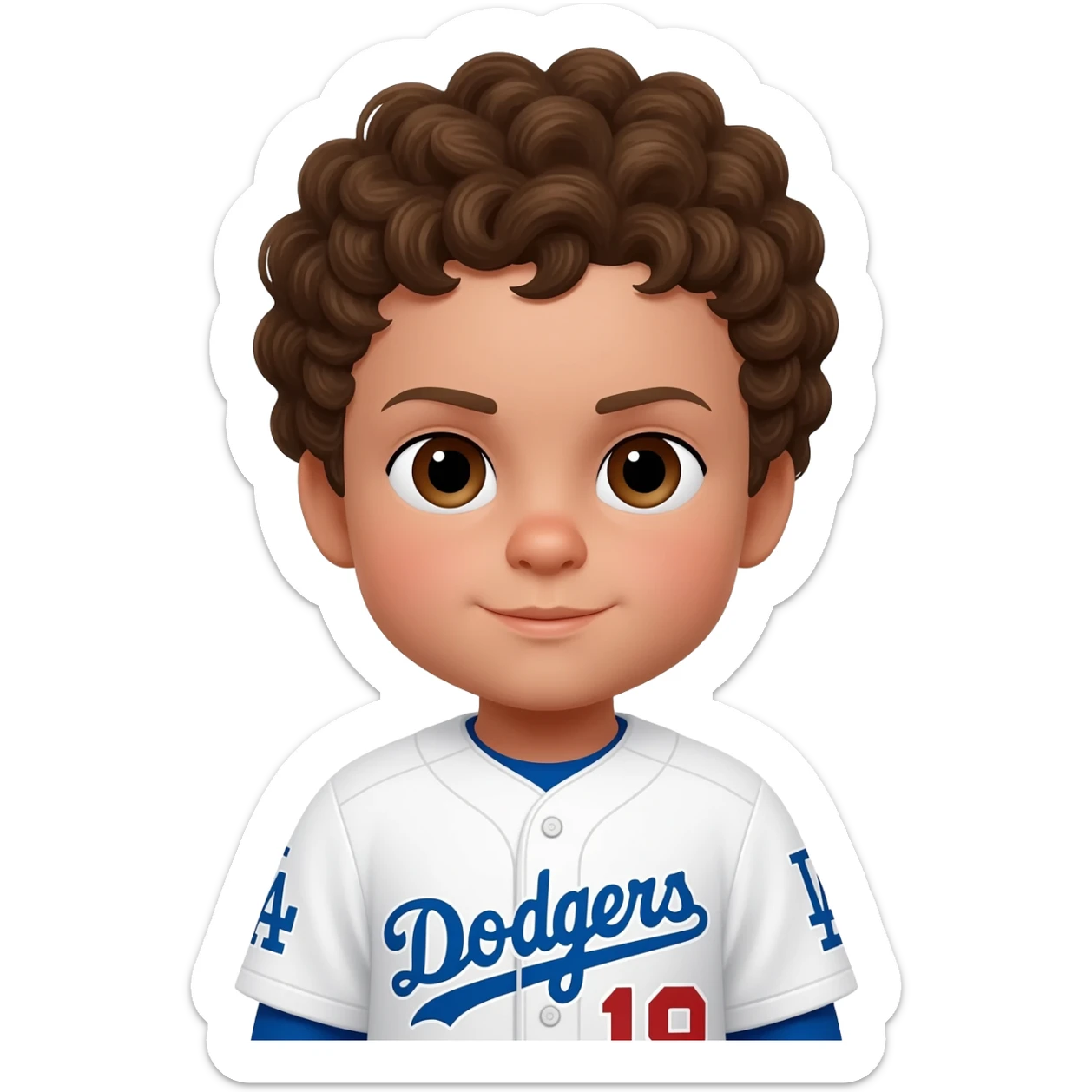 toddler boy in a dodgers uniform with curly brown hair brown eyes and light skin sticker
