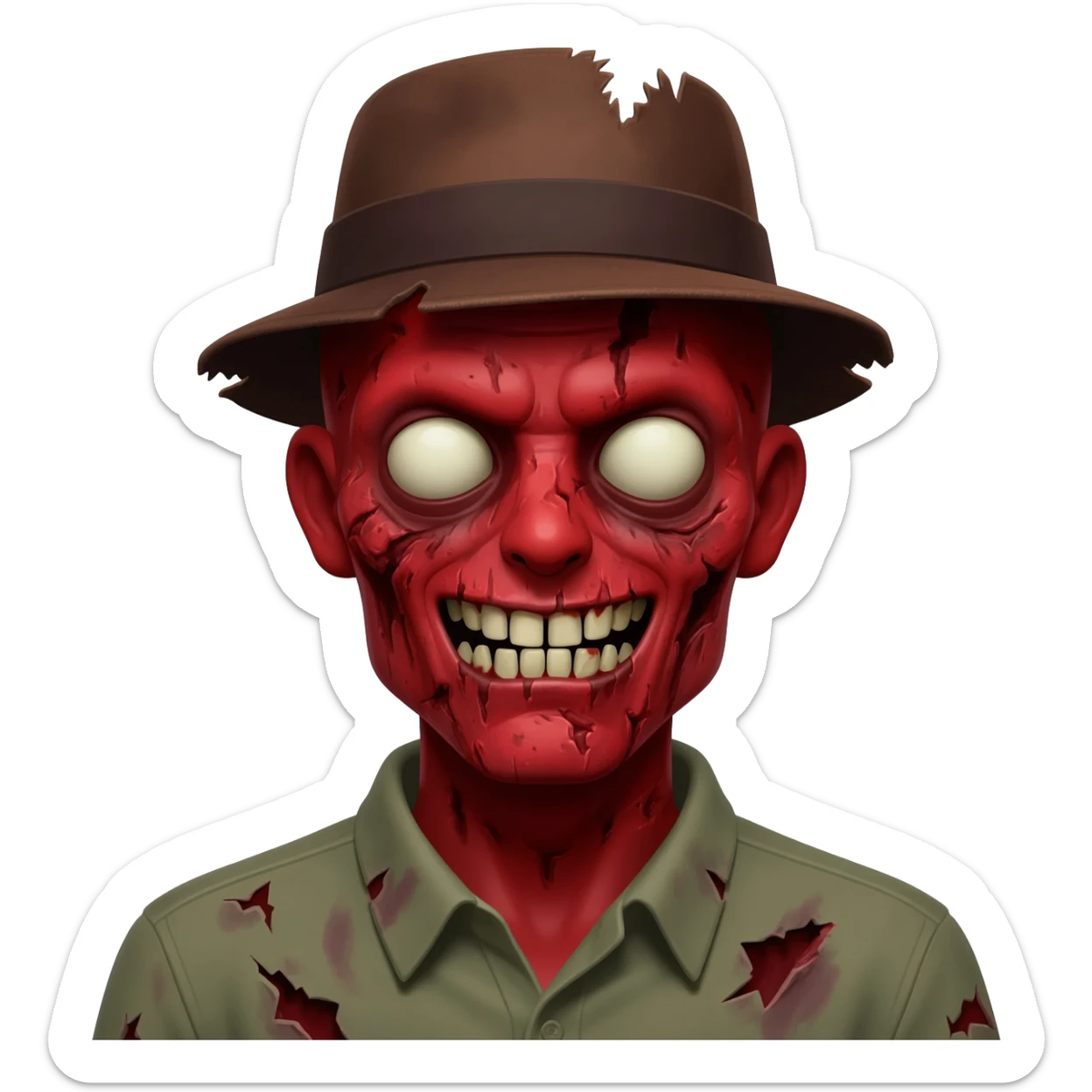 A zombi with red skin and a brown hat sticker
