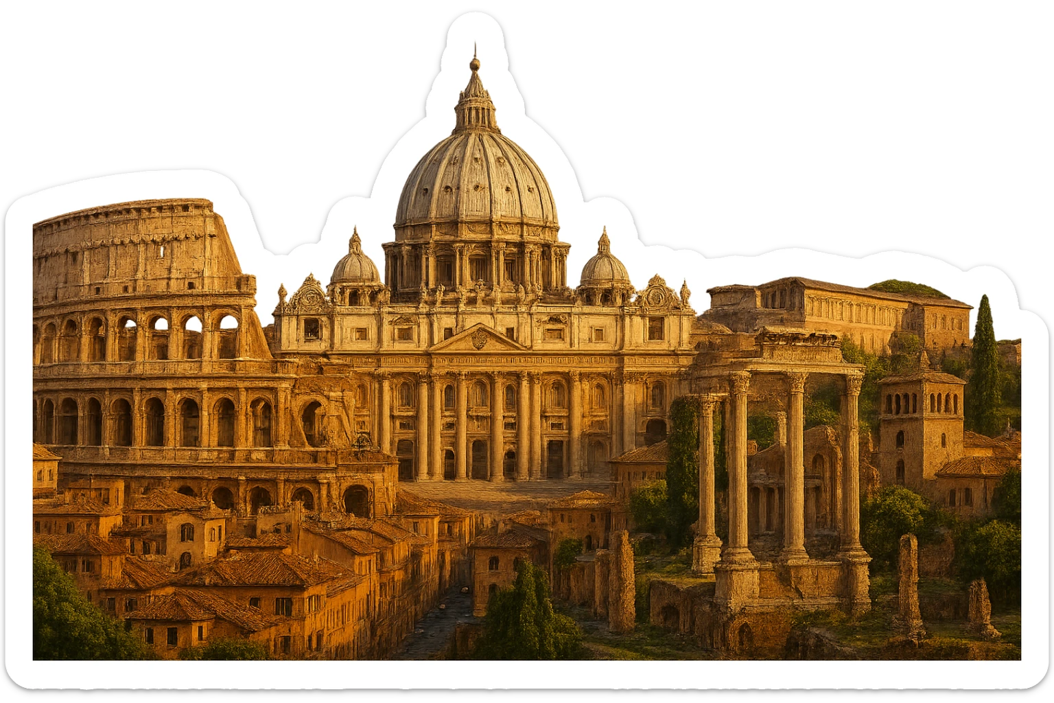 cinematic realistic emoji of Rome skyline featuring iconic landmarks Colosseum, St. Peter's Basilica, Roman Forum, lifelike detail, accurate colors, bright lighting, wide city view, no sky, fully transparent background sticker