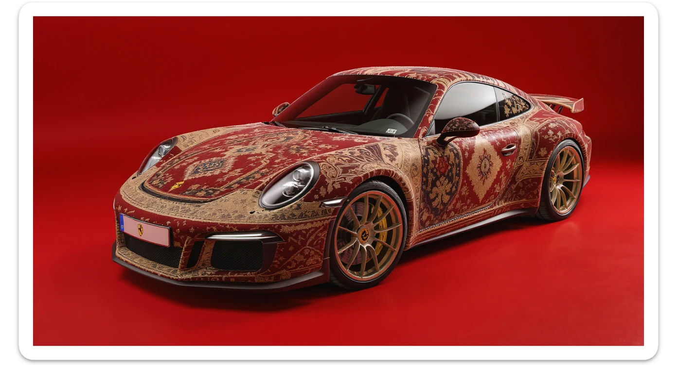Closeup shot of a porsche 911, body of car made of russian carpet with patterns, red solid studio background,top low key light, dutch angle,  captured by ARRI 65 sticker