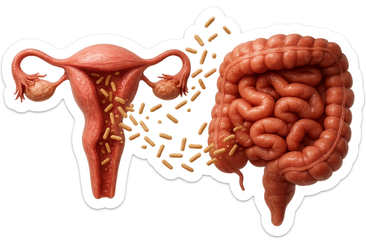 UTERO UMANO E INTESTINO ANATOMICI REALISTICI SONO UNO ACCANTO ALL'ALTRO E SI PASSANO I BATTERI A VICENDA, CON BATTERI CHE ESCONO DALL'INTERNO, IPERREALISTICO 4K, NON DISEGNATO sticker