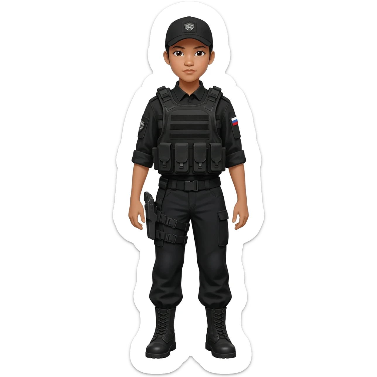 Filipino girl STF SPECIAL TACTICS FORCE OUTFIT BLACK FATIGUE AND COMBAT BOOTS PLATE CARRIER AND HOLSTER sticker