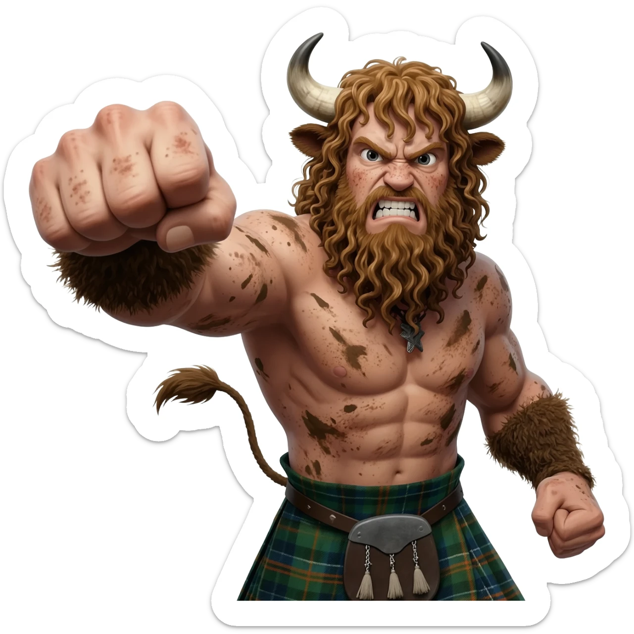 big buff curly hairy man covered in dirt with freckles with messy light brown bangs that covers his face completely with bull horns and bull ears and bull tail dressed in kilt punches with left hook closeup furious expression sticker
