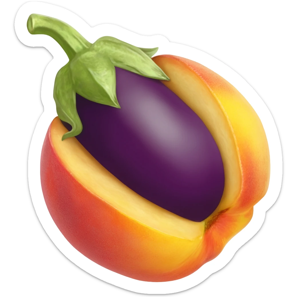 An eggplant wedged into a peach sticker