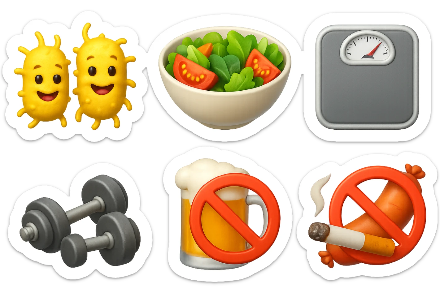 emoji stile iphone di: due batteri intestinali felici, una bowl di insalata, una bilancia pesapersone, manubri da palestra, e un boccale di birra con divieto 3d sopra, una sigaretta con divieto 3d sopra e un wurstel con divieto 3d sopra, fluttuano in aria, iperrealistico 4k sticker