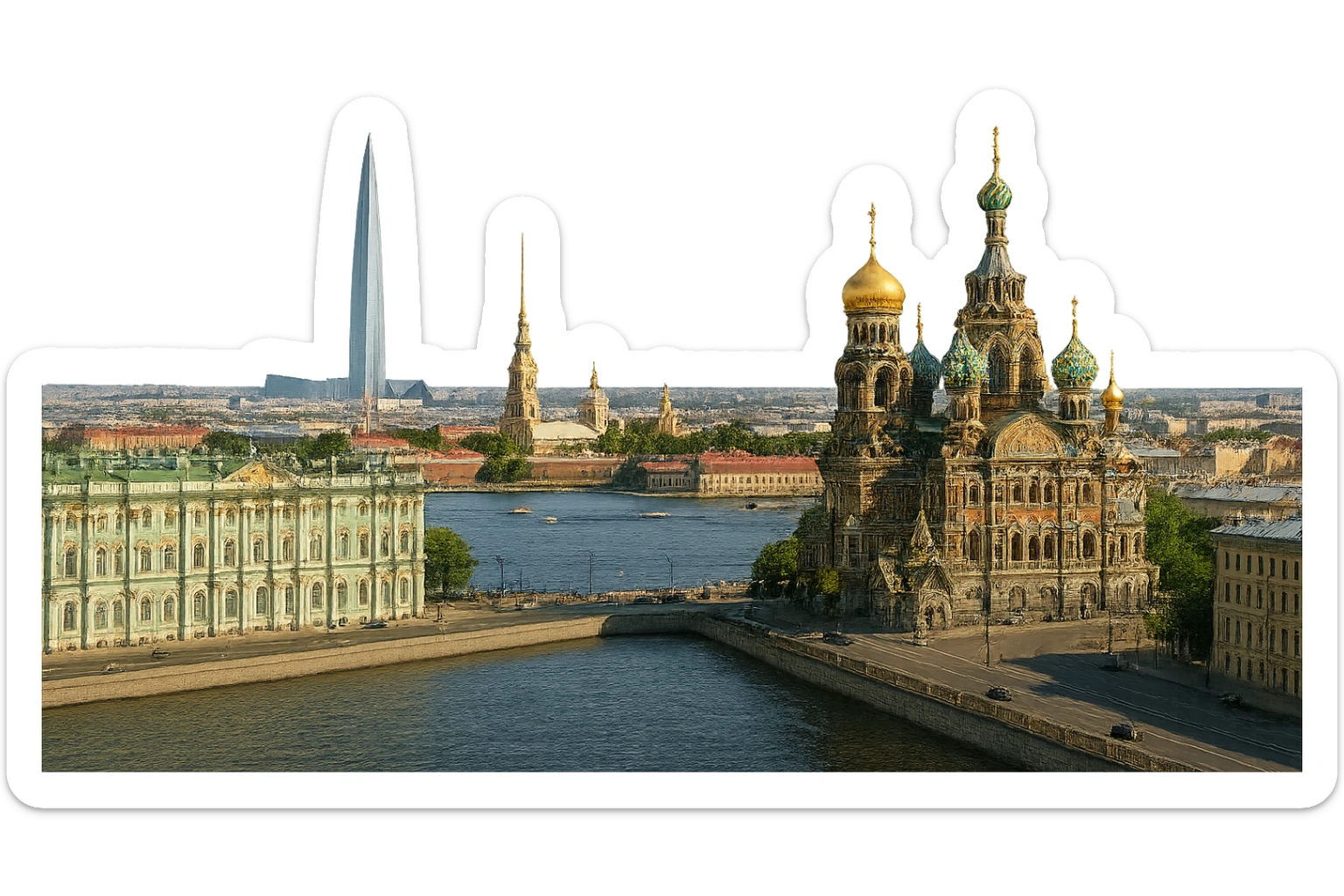 cinematic realistic emoji of St Petersburg Russia city wide view featuring Winter Palace, Church of the Savior on Spilled Blood, Peter and Paul Fortress, Lakhta Center, lifelike detail, accurate colors, bright daytime lighting, no sky, no clouds, fully transparent background sticker