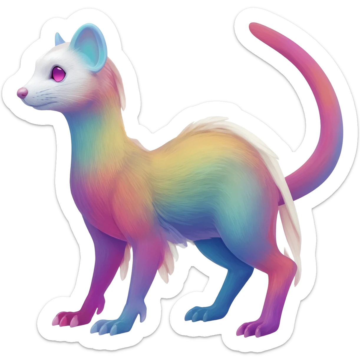 Colorful diaphanous Trico-Sergal-Skunk-Ferret-Furret-Marsupial-Vernid-fusion-Fakemon-animal-hybrid-creature, full body sticker