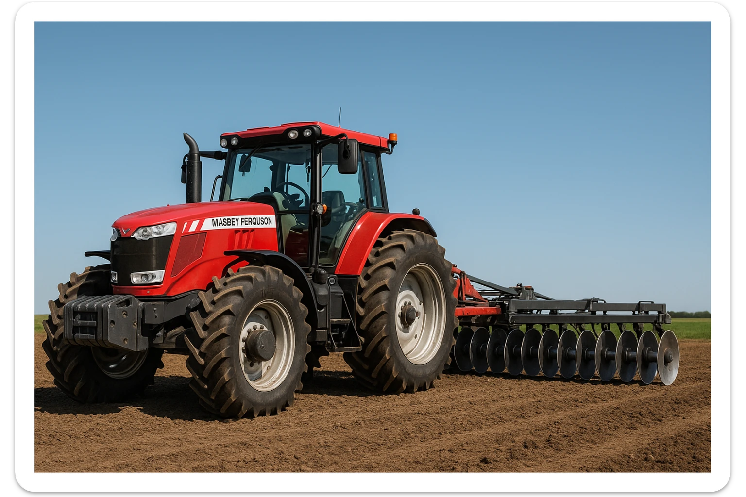A Massey Ferguson tractor and Disc Harrow combo in a modern farm scene, focus on machinery, uncluttered background. sticker