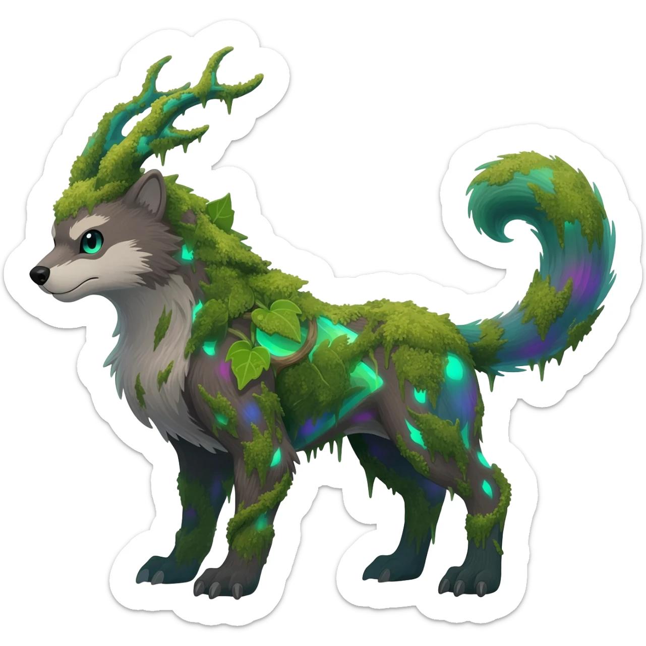 Realistic Sharp swampy mossy elemental ivy detailed Colorful translucent luminescent glowing Trico-Noibat-batty-Sergal-Furret-Ferret-Wolverine-Vernid-furry-fursona-fusion-Fakemon-animal-hybrid-creature, full body sticker