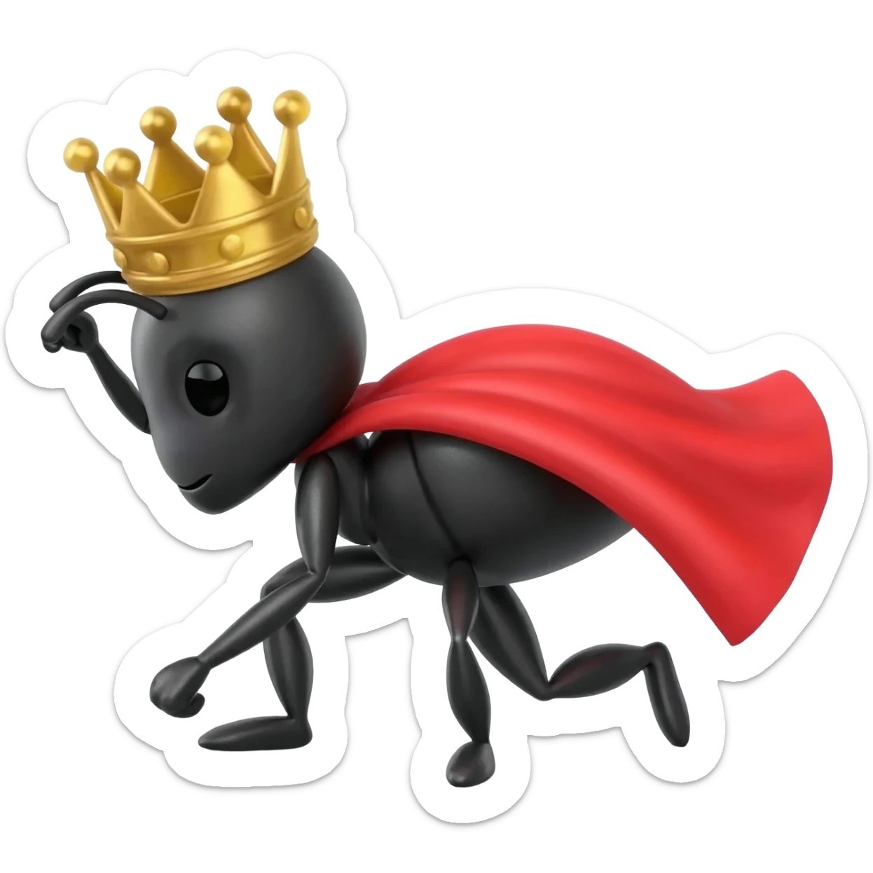 Ant doing superhero pose, without cape, but with the minimal features of an ant, wearing only golden crown sticker