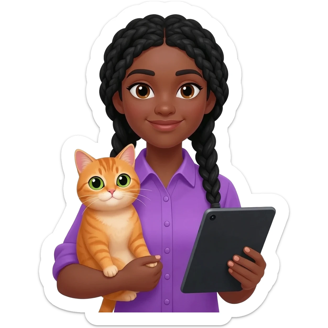 Émoji représentant une femme peau marron avec des longues nattes noires, une belle chemise violette, tenant un chat orange dans une main et une tablette dans l'autre sticker