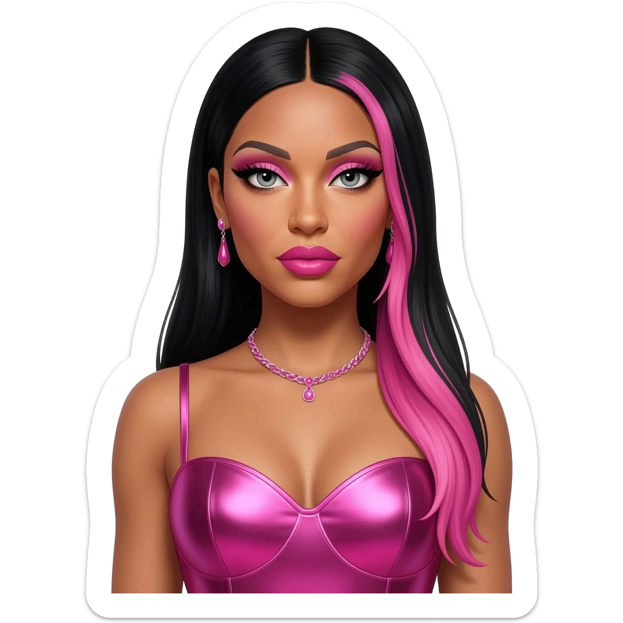Nicki Minaj with grey eyes, long black and pink hair, pink eyeshadow, hot pink lipstick, hot pink metallic sweetheart dress, pink necklace and earrings sticker