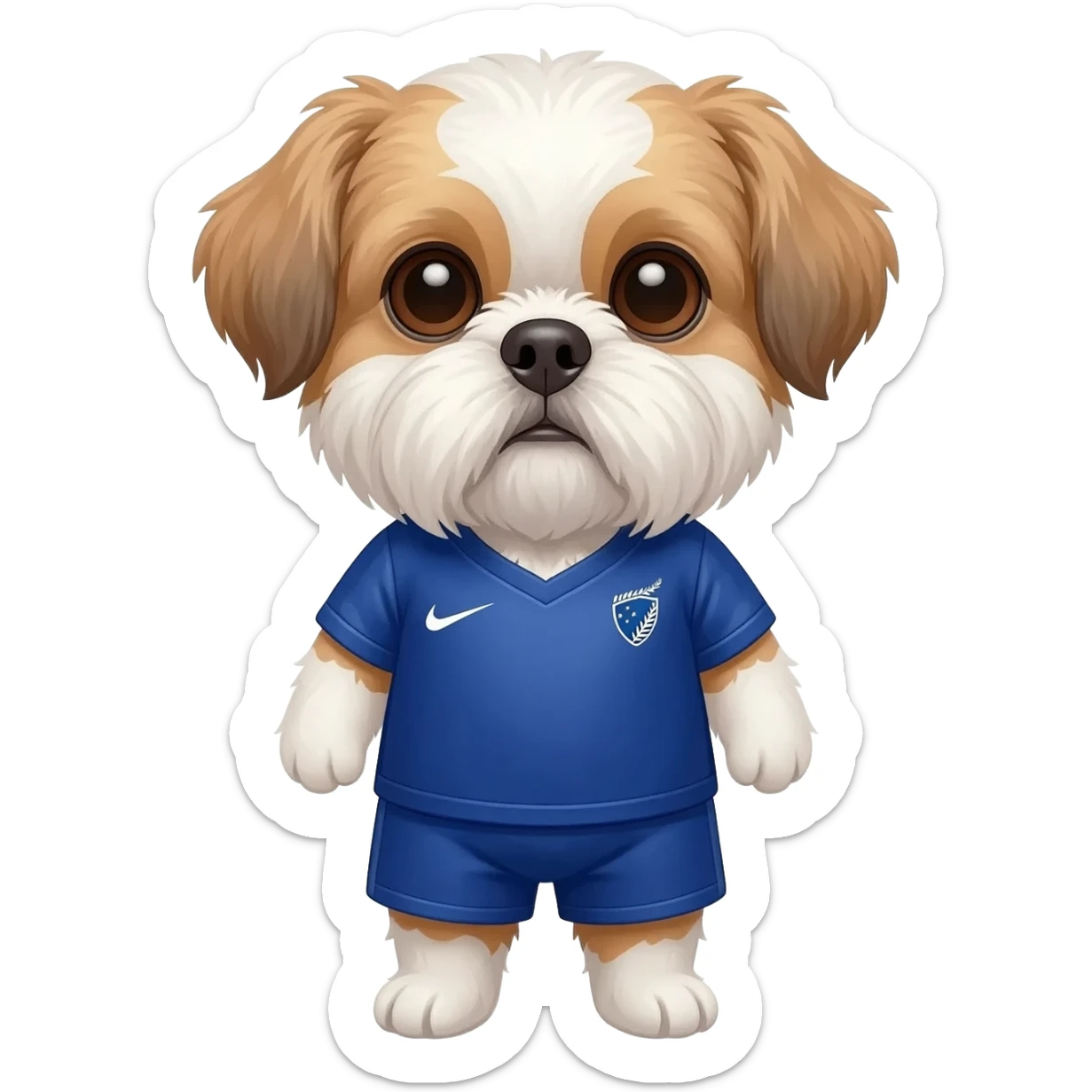 white and light brown shih zhu wearing a New Zealand soccer jersey v neck 2026 work cup sticker