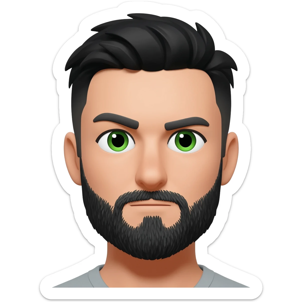 White man with short black hair and black beard with left eyebrow raised with green eyes sticker