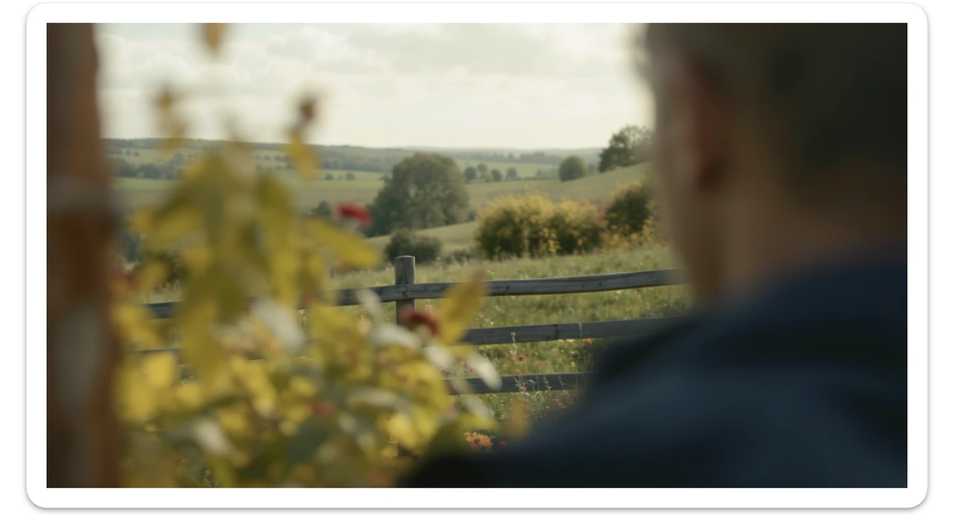A portrait of a person in the foreground, blurred plants in the foreground (frame within a frame), a wooden fence and colorfull flowers in the midground, Poland, rolling hills in the background, cinematic depth of field, layered composition, natural lighting sticker
