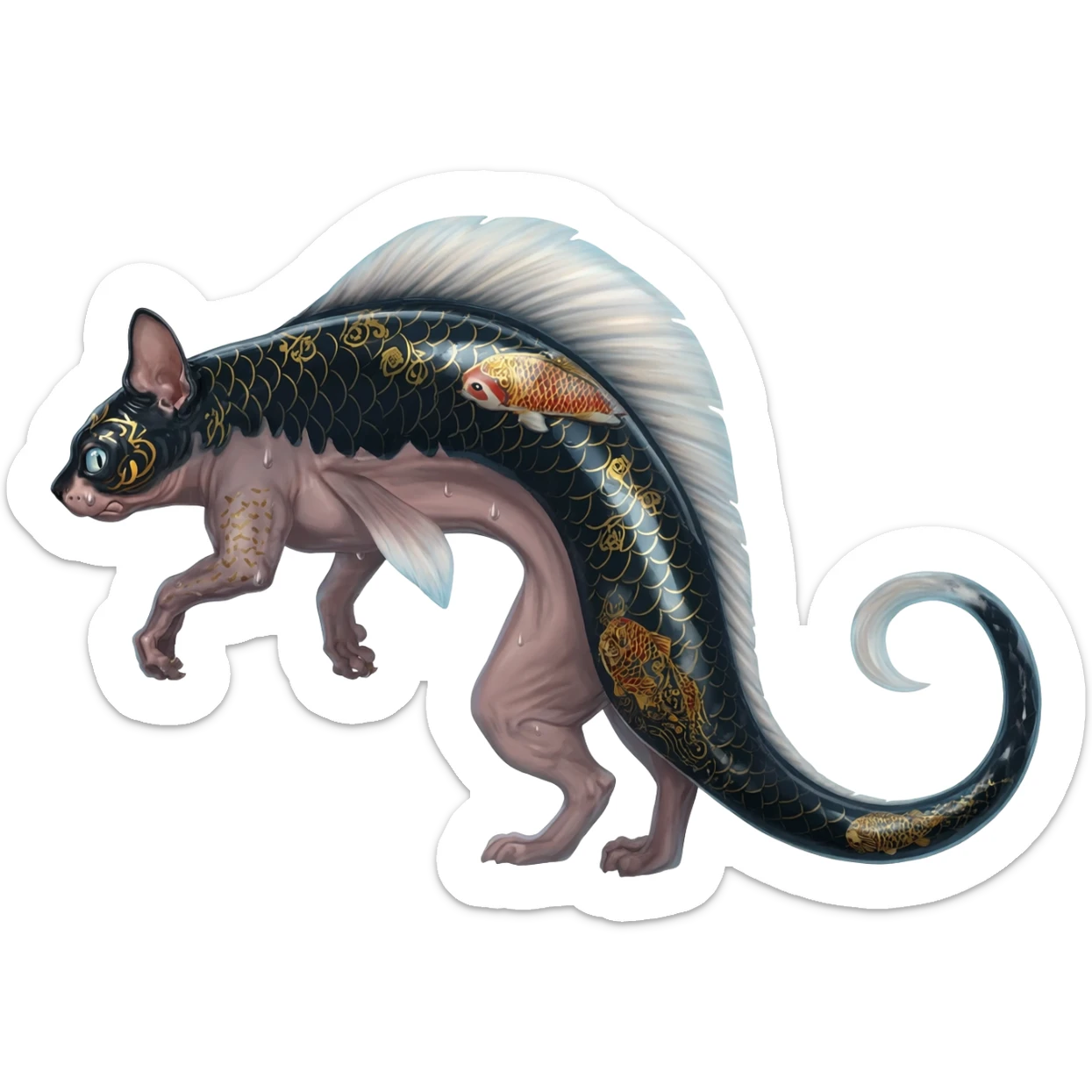 Edgy badass swimmy wet painted intricate ornate Japanese Asian koi-Minccino-Lykoi-Emolga-Sphynx-Linoone-Zangoose-fusion-hybrid-animal-Fakémon-creature, full body, thin long sleek scaly tail, intricate markings sticker