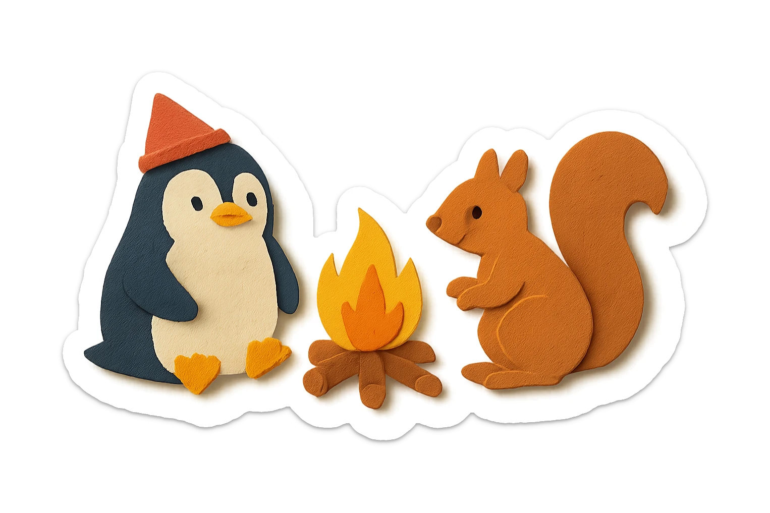 Pinguin und Eichhörnchen beim Campen, Papierbastel-Stil, Lagerfeuer sticker