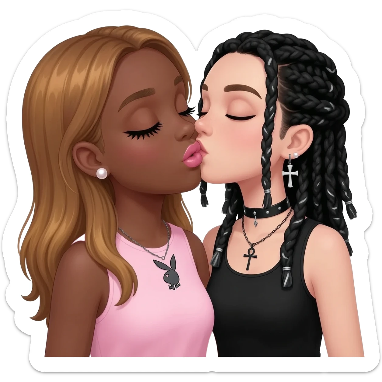 (Bimbo, pearl earrings stud, Light pink cute lips, long middle part with long honey brown hair, dark brown skin, playboy necklace with lashes, light pink sleeveless shirt, kissing the goth black girl with brown skin, cross earrings, ankh necklace with black dreadlocks with white paint on face sticker