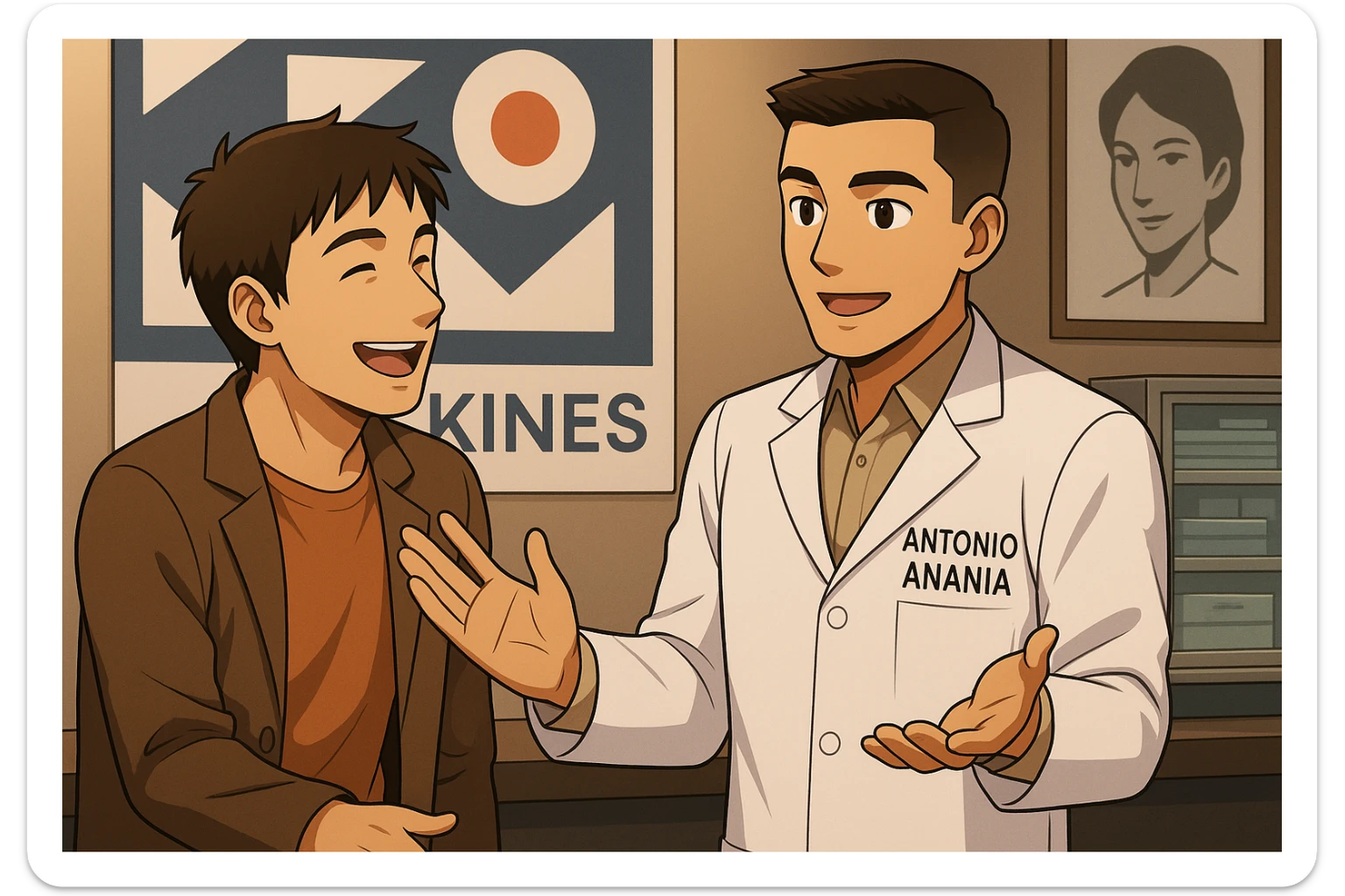  rappresenta un webtoon manga a colori con questo stile, in cui un uomo esclama una cosa entusiasta al kinesiologo con il camice bianco (fagli anche la scritta "ANTONIO ANANIA" SUL CAMICE), IL KINESIOLOGO lo aspetta a braccia aperte. l'espressione dell'uomo è felice e soddisfatta, non fare i fumetti però, fai solo in modo che sembri stiano parlando sticker