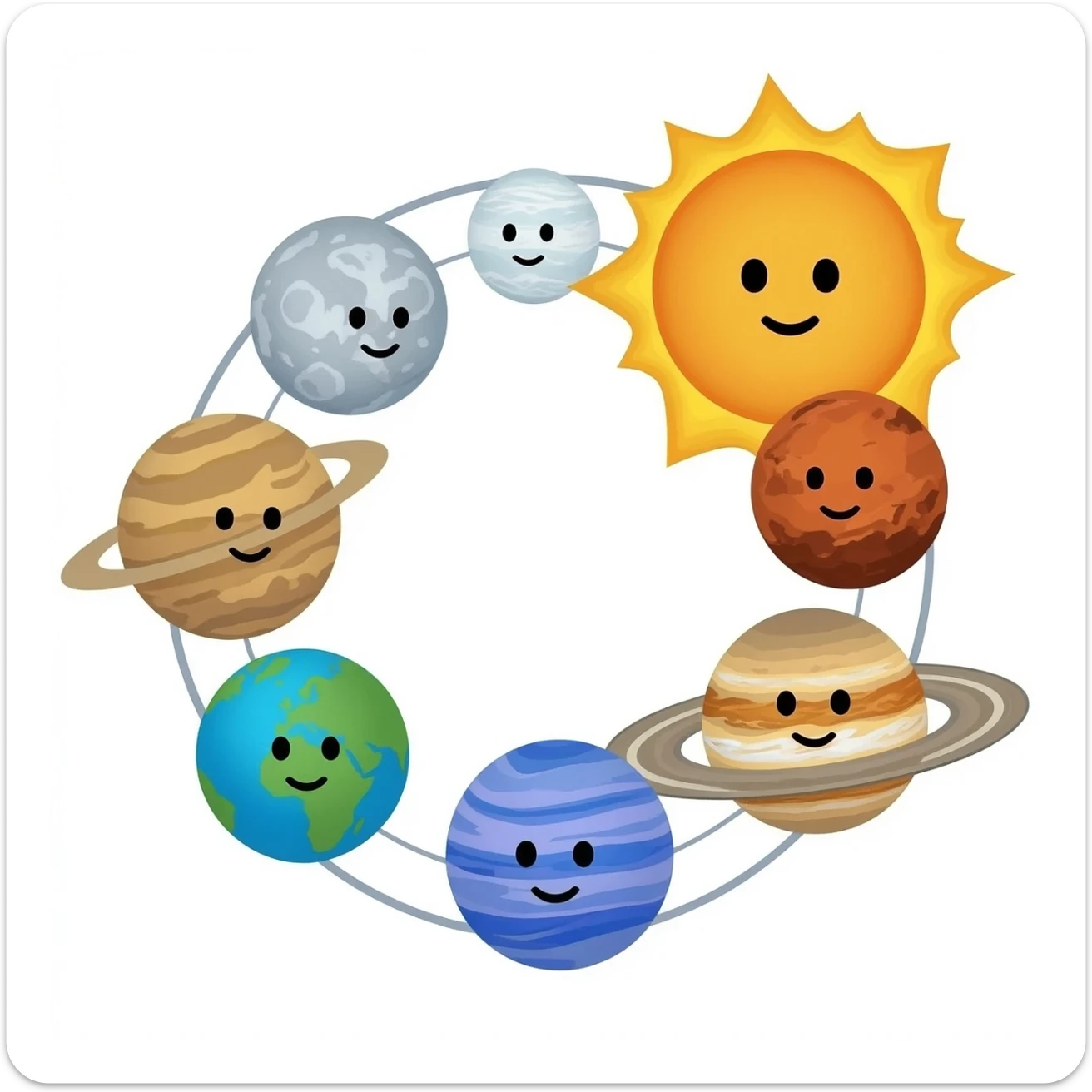 Mercury  Venus earth mars Jupiter Saturn Uranus Neptune all orbiting the sun in a solar system with different faces sticker