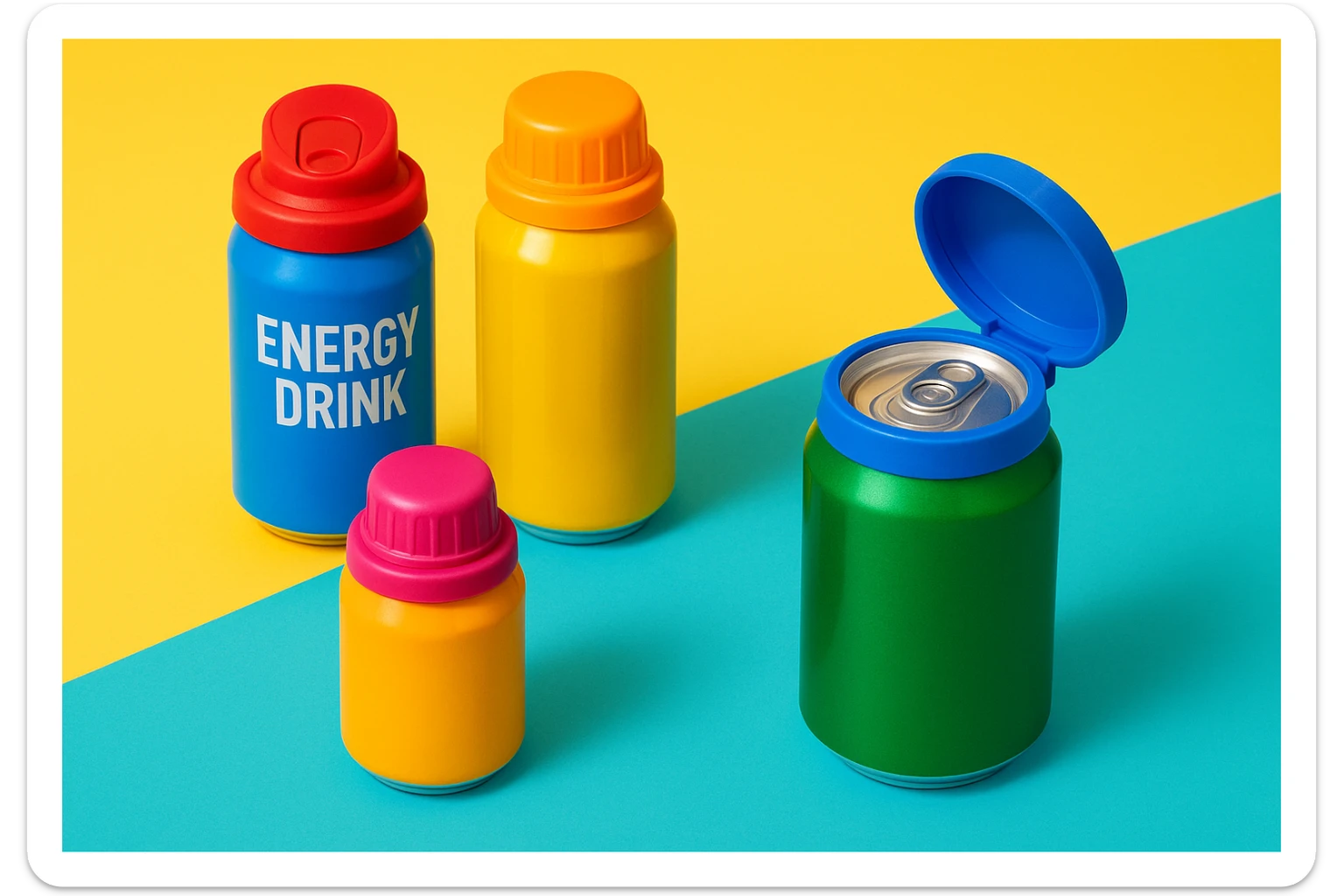 Készíts a következő jellemzőkre a mellékelt fotó felhasználásával a szöveghez illő képet, 1000x600px-es méretűt, fiatalos, dinamikus, megnyerő,változatos, színes, valósághű fotók legyenek!
„Az összes aludobozodra használhatod”
Két fajta méretben gyártott kupakot minden forgalomban lévő italos aludobozodon használhatod, legyen az kicsi energiaital vagy nagyobb üdítős/sörös doboz. sticker