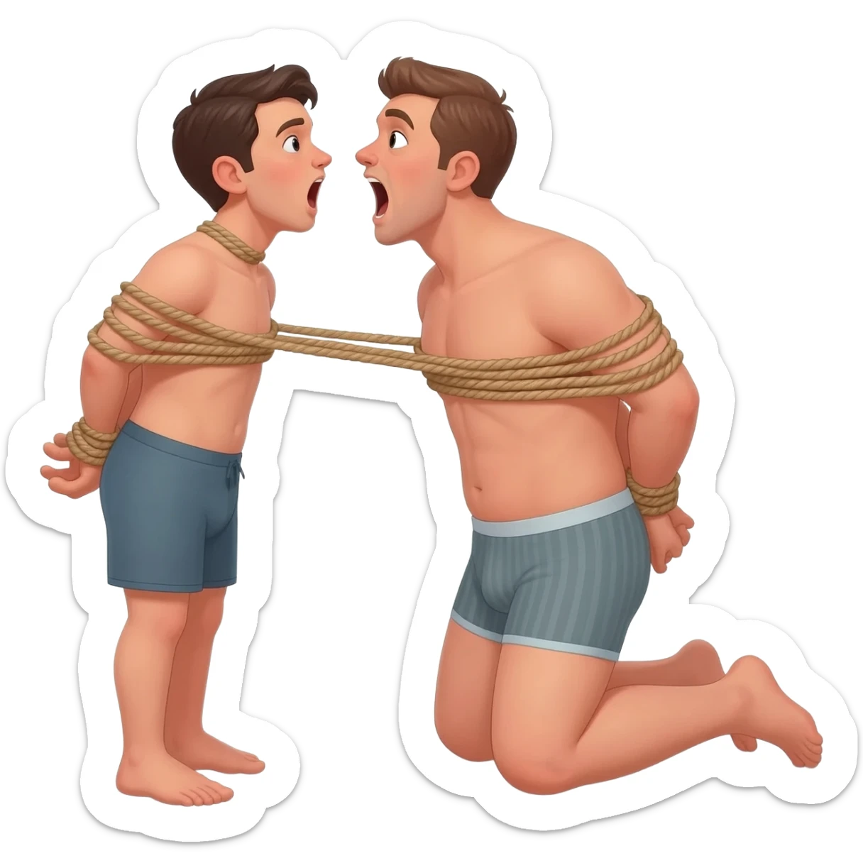 thirty year old guy wearing boxershorts standing on his knees in front of another man with mouth wide open and hands tied behind his back with ropes sticker