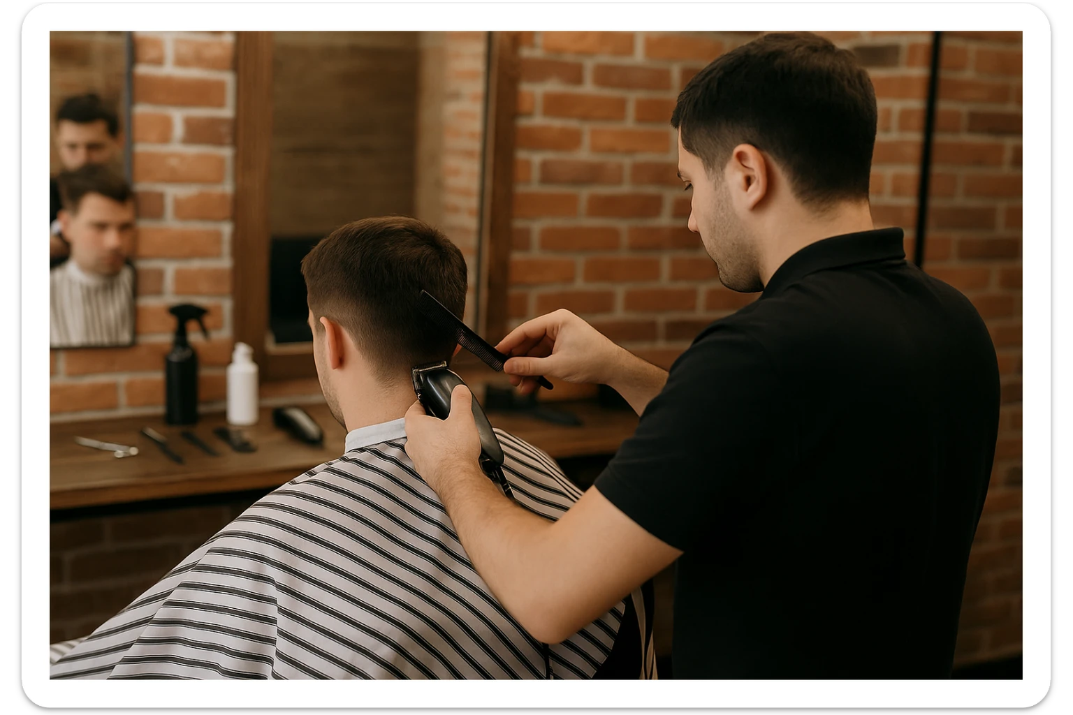 yuzi ko'rinmasin sartaroshxonada ishlayotganini tasvirlab ber mijozlarni sochini olayotganini sticker