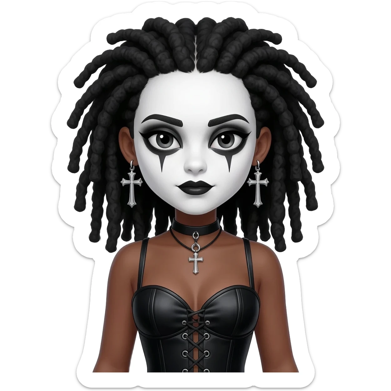 goth black girl with black corset, with brown skin, cross earrings, ankh necklace with center parted black dreadlocks, whole white face paint sticker
