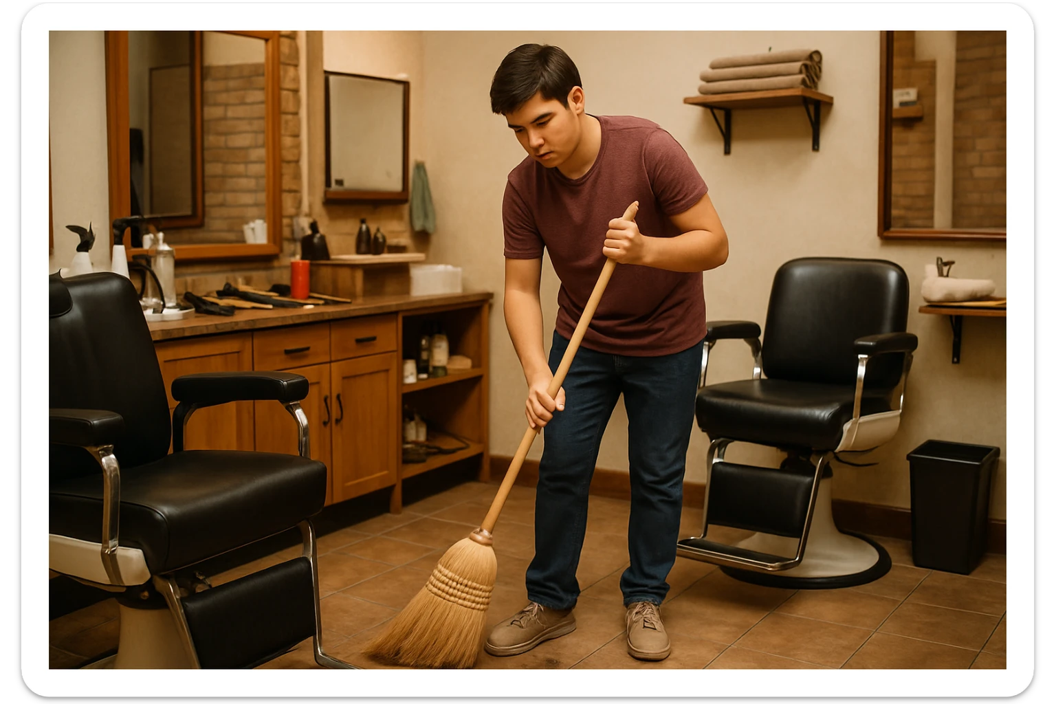 sartaroshxonani tozalayotgan o'smirin bola juda  yosh ham emas katta ham supir sudir qilaytgani narsalarni tozalayotgani  
 sticker