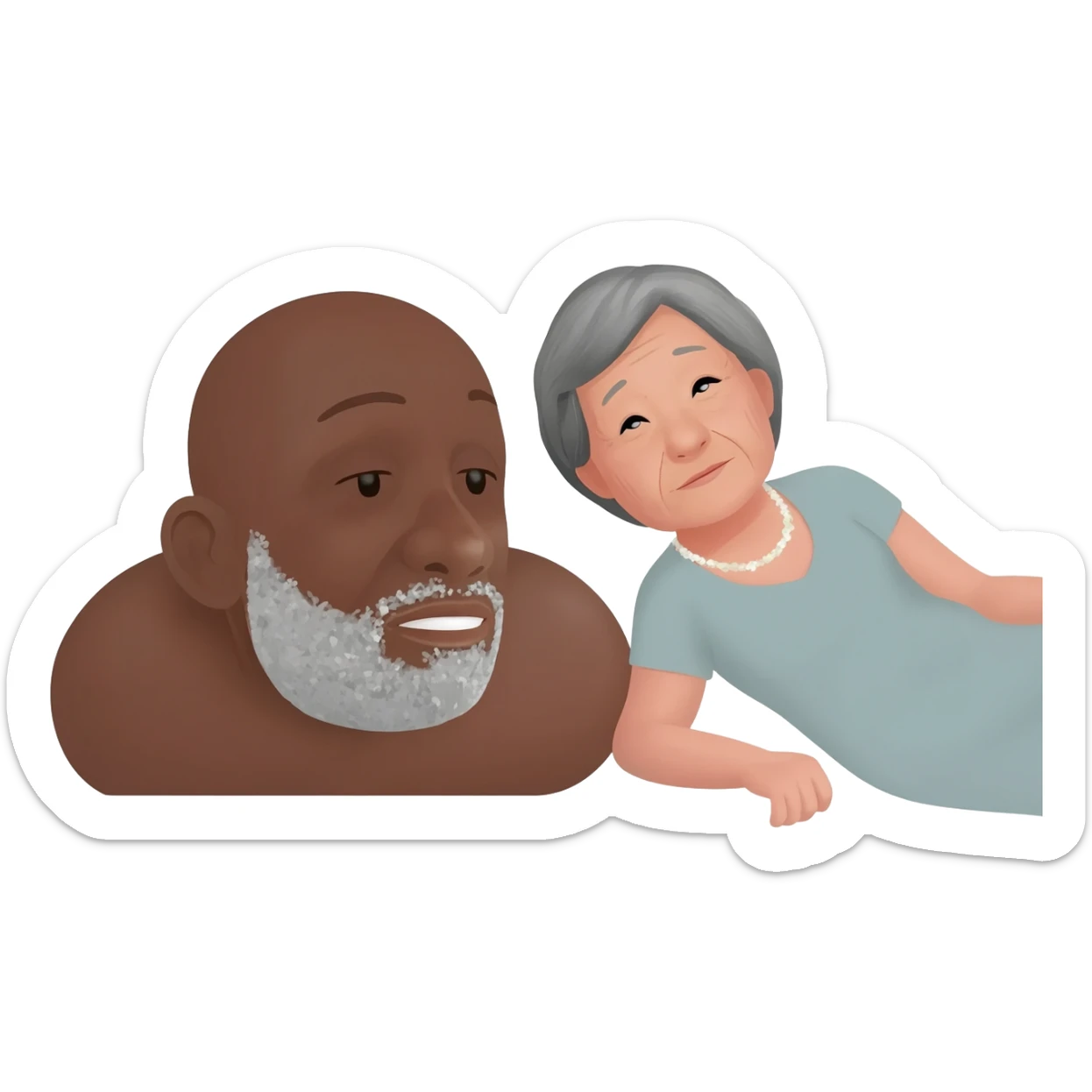 Baldheaded black man with salt/pepper goatee laying down with Japanese brunette older woman sticker
