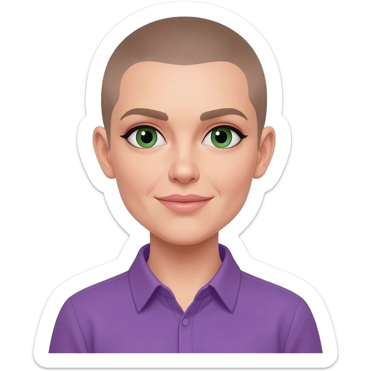 White skin , oval head shape female, light brown buzzcut, purple shirt, green eyes sticker