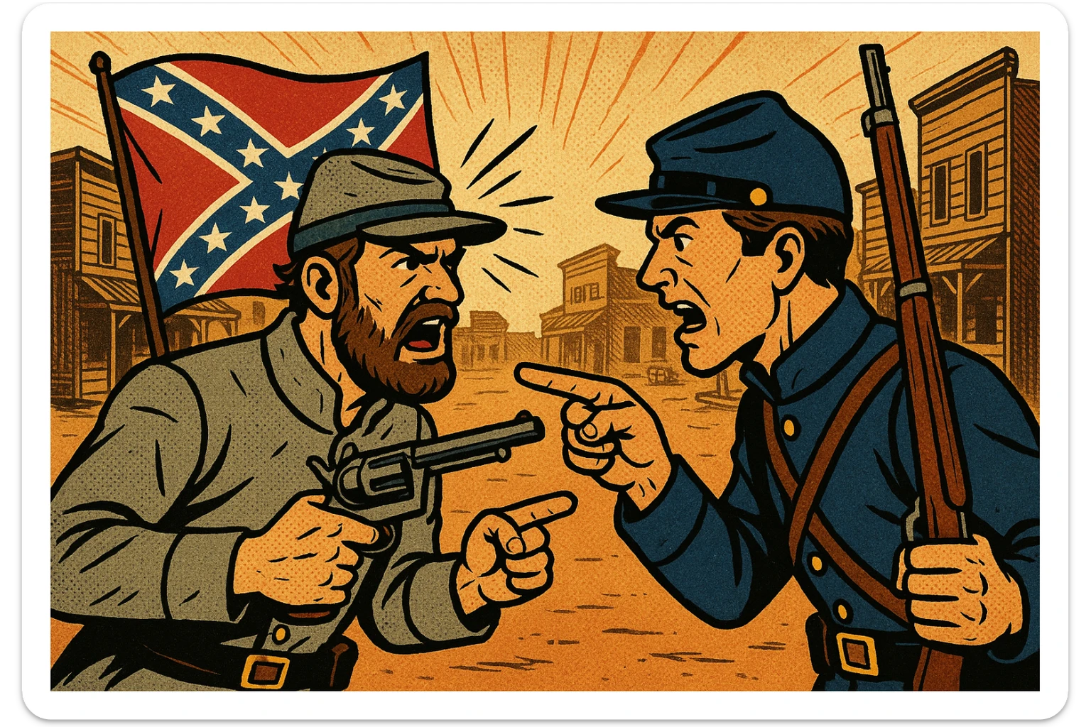 A former Confederate American Civil War soldier with his gun and a confederate flag in an argument with a former Union Civil War soldier with his rifle. In the background a wild west settlement town sticker
