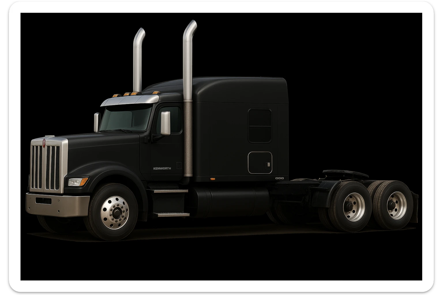 Edit the image of a 2026 Kenworth W680 flattop black semi sleeper with tall chrome stacks, no cans, detailed, side view, with no background. Maintain the detailed and realistic style with no background. sticker