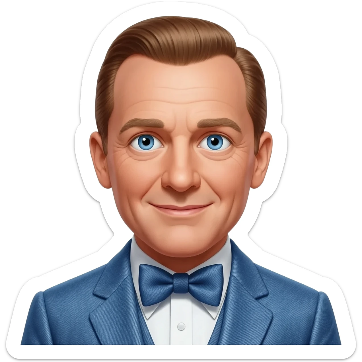 Bing Crosby with blue eyes, brown hair, denim blue metallic suit with bow tie sticker